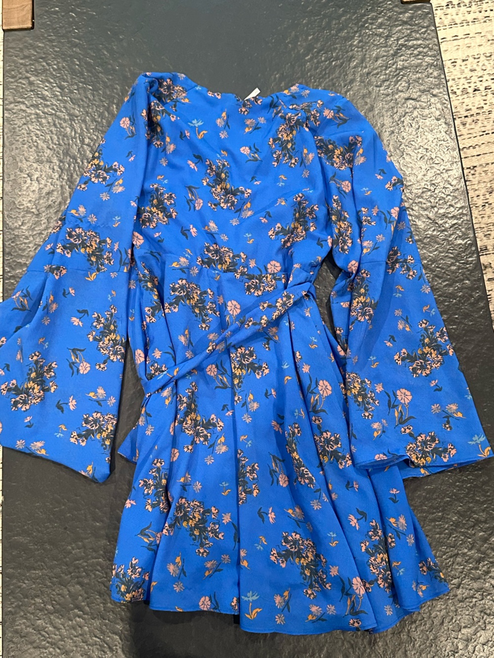 Free People Lilou Cobalt Blue Floral Flutter Belle Sleeve Chiffon Swing Dress - Picture 9 of 10